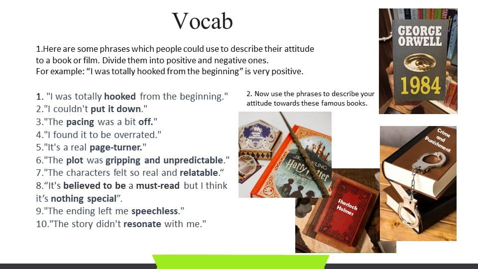 Слайд занятия Speaking Club: лексика для описания книг и фильмов — hooked, page-turner, gripping, must-read